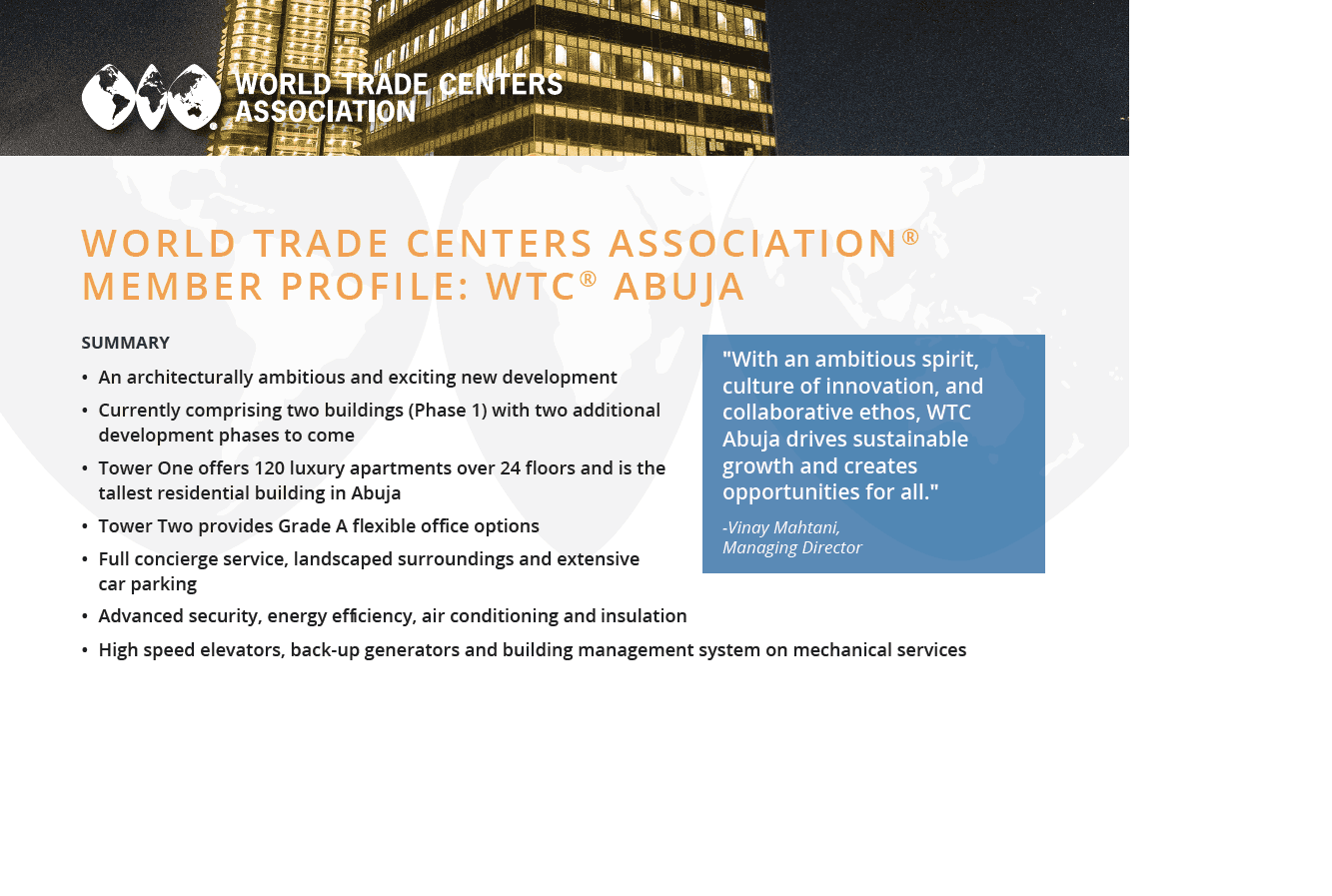 UNVEILING THE EXCEPTIONAL WORLD TRADE CENTER ABUJA: A SPECIAL CASE STORY WITHIN THE WORLD TRADE CENTERS ASSOCIATION MEMBER PROFILE.